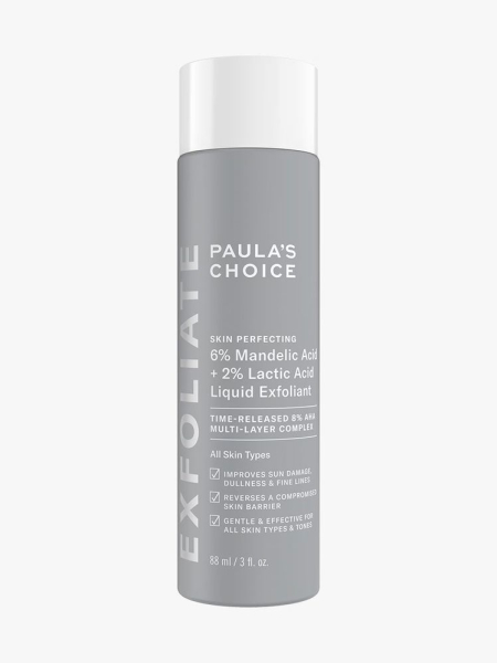 Gray bottle of Paula’s Choice 6% Mandelic Acid + 2% Lactic Acid Liquid Exfoliant on a light gray background