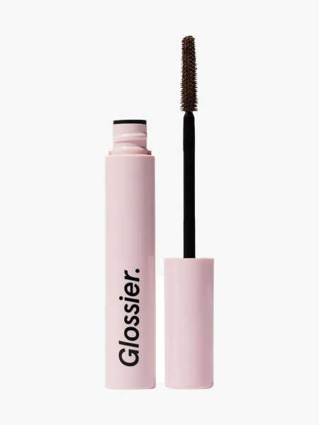 Glossier Lash Slick in Brown pink tube of brown mascara on light gray background