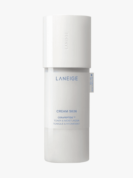 Laneige Cream Skin Toner & Moisturizer in white branded component with blue accents on a light gray background